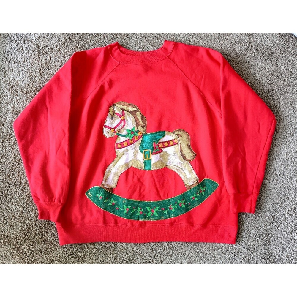Vintage Rocking Horse Sweatshirt Women's 1X Red Long Sleeve